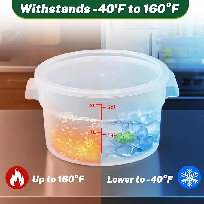 4 Pack 2Qt Round Polypropylene Food Storage Container with Lids Scale | NSF & BPA-free polypropylene, non-stick surface with readable scale. Come with labels & measuring cups.