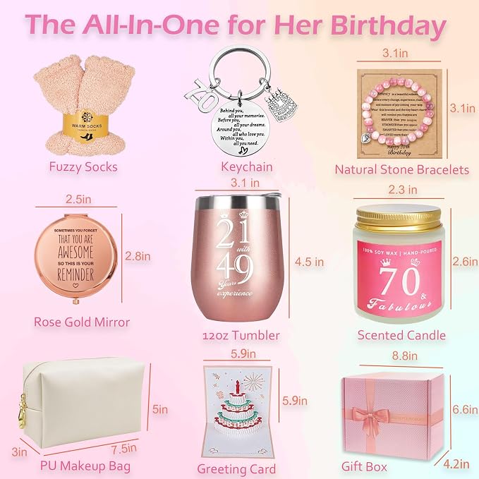 70th Birthday Gifts For Women - Happy Birthday Basket Box for Best Friends, Female Mom, Wife, Daughter, Sister, Girlfriend, Coworker, Bestie