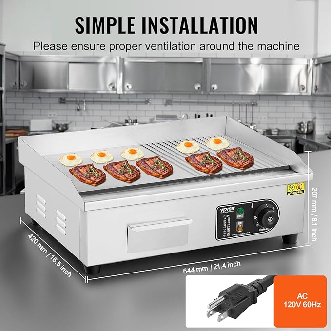 VEVOR Commercial Electric Griddle, 1600W Countertop Half-Flat Top Grill, 22in Stainless Steel Griddle Grill with 2 Shovels and 2 Brushes for Home or Restaurant, 122℉-572℉ Adjustable Temp