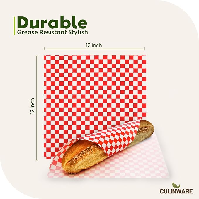 Culiware Deli Paper Sheets, 12x12 inch, 1000pcs - Classic Checkered Wax Sheet, Precut Food Basket Liners, Grease-Resistant Wrapping Paper for Sandwich Bread Burritos (Red and White)