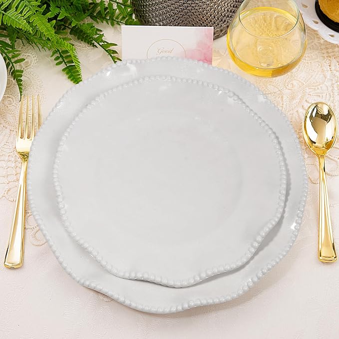 Melamine Dinnerware Sets Service for 4, Cream Plates and Bowls Set with Beaded Edge, BPA Free Dishwasher Safe, Heavy Duty Shatterproof Unbreakable Tableware for Wedding Party Camping Outdoor