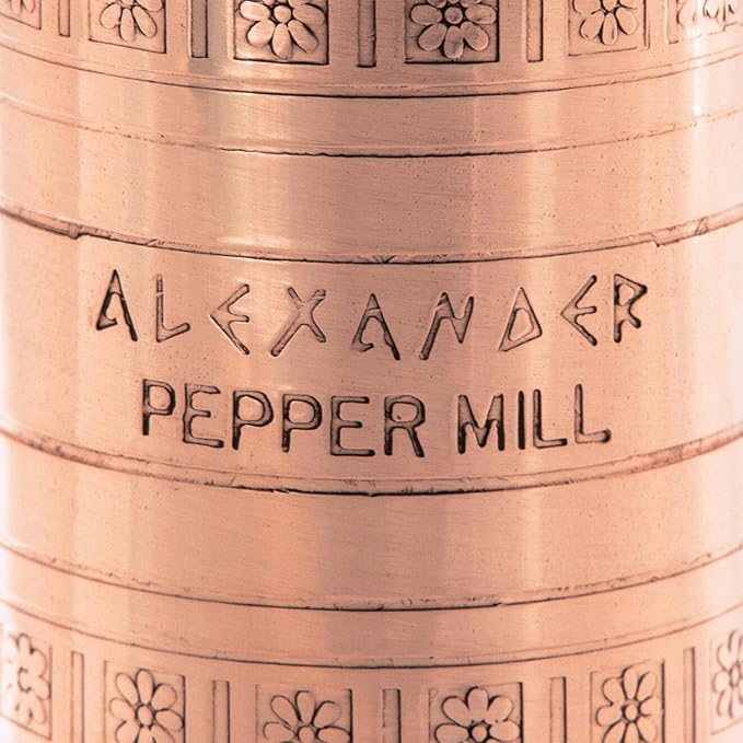 Alexander Home Original Greek Pepper Mill, 8-Inch Copper – European Manual Pepper Grinder, Refillable, with Polishing Cloth