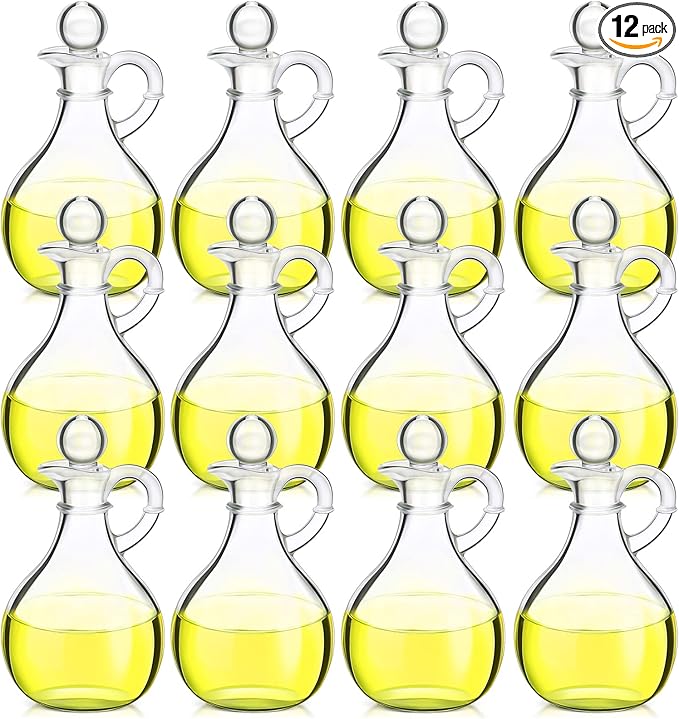 Zopeal 12 Pcs 12 oz Glass Oil Cruets with Stopper Bottle Vinegar Dispenser Small Salad Dressing Container Round Jar Glass Serving Syrup Bottles with Handle for Sauce Water Olive Oil