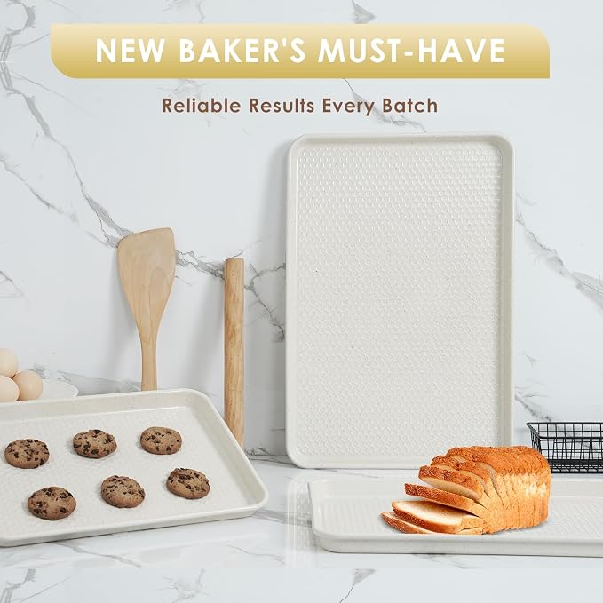 Baking Sheet Pan Set of 3, Nonstick Carbon Steel Cookie Sheets with Texture | Commercial Half/Quarter/Jelly Roll Pans Replacement Toaster Oven Tray, Heavy Duty & Easy Clean