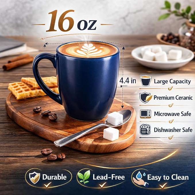 GBhome 16oz Coffee Mugs Set of 6, Large Ceramic Coffee Mugs for Man, Woman, Dad, Mom, Modern Coffee Mugs Set with handle for Tea/Latte/Cappuccino/Milk/Cocoa. Dishwasher&Microwave Safe,Matte Blue