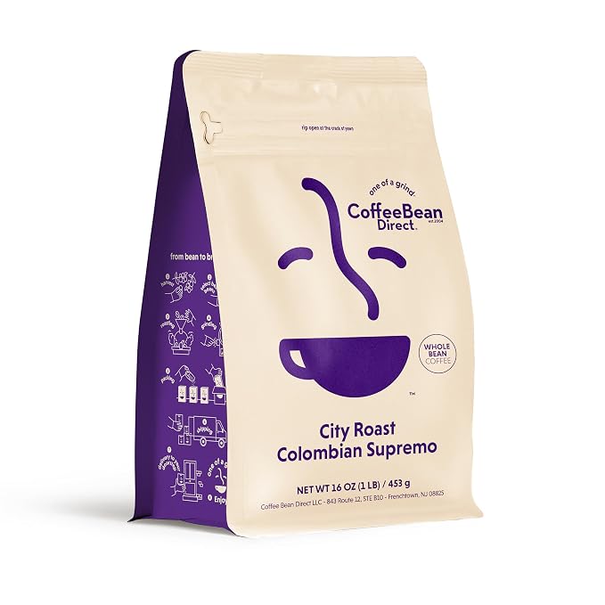 Coffee Bean Direct City Roast Colombian Supremo, Whole Bean Coffee, Arabica Coffee, Medium Roast, 1 Pound Bag (Pack of 1)