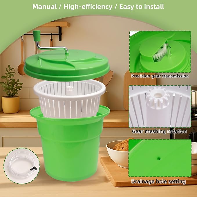 5 Gallon Salad Spinner,Large Capacity Vegetable Friuts Salad Dryer,Commercial Manual Salad Mixer for Restaurants Kitchen & Catering,Green & Orange. (Green, 5 Gallon)