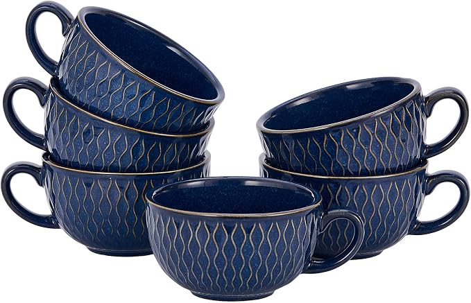 Coffeezone Set of 6 Cups Vintage Design 12 oz Professional Barista Ceramic Latte Art Cappuccino Cups Set (Embossed Blue * 6)