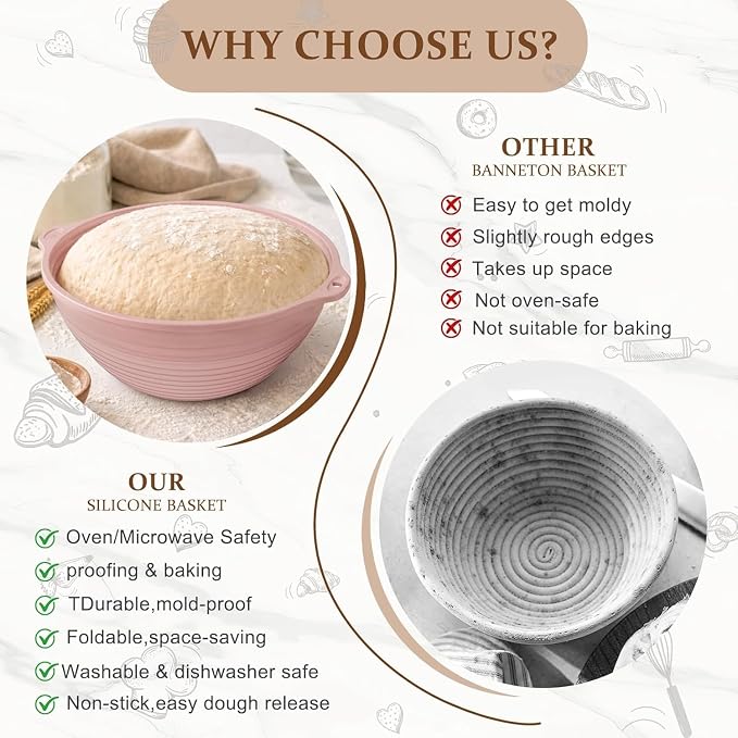 4-Pack Reinforced Silicone Banneton Bread Proofing Baskets for Sourdough, 9" Round Non-Stick Proofing Bowls with Dual Handles, Built-In Rim Support, Oven, Freezer & Dishwasher Safe, Foldable, BPA Free