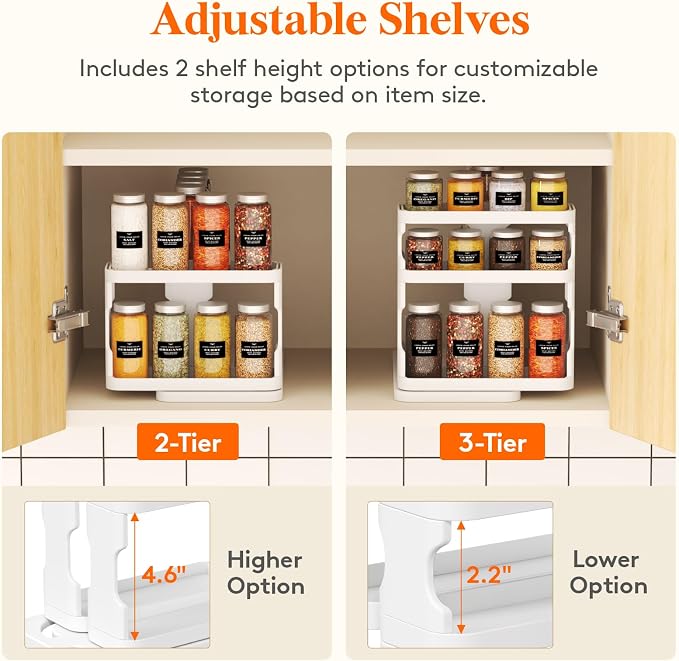 Lifewit Spice Rack Organizer for Cabinet, Slide & Rotate Spice Organizer, Double 3-tier Adjustable Shelves with Fence & Non-Skid Pad, Seasoning Medicine Organization, 9.2" H x 6.1" W x 11.4" D, White