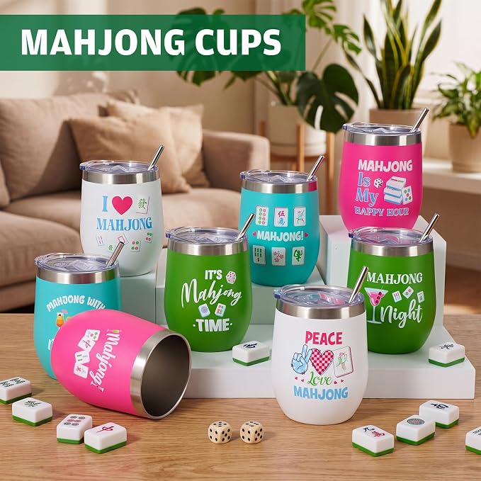 Patelai 8 Pcs Mahjong Tumbler with Straw Lid and Brush 12oz Stainless Steel Insulated Mahjong Cups Double Vacuum Thermal Mugs Mah Jong Accessories for Game Night Party Favor Mah Jong Lovers Gift