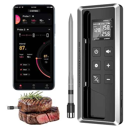 Wireless Meat Thermometer with Smart APP Control | 800ft Bluetooth Grill Food Thermometer, 0.19In Ultra Thin Probe,±0.5℉ Accuracy, Digital Backlit Screen for BBQ, Oven, Smoker