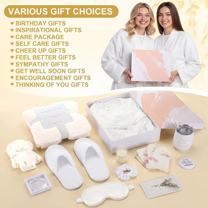 Sieral 14 Pcs Birthday Gifts for Women Care Blanket Gifts Set Spa Baskets Get Well Soon Gift Baskets Mother's Day Gift for Women Mom Her Girlfriend Sister Daughter Friend Wife Grandma(White)
