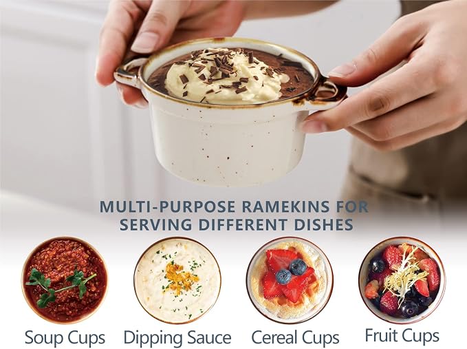 ONEMORE Mini Cocotte Set of 4, 6 oz Ceramic Ramekins with Lids and Handles, Small Casserole Dishes for Oven, Mini Dutch Oven for French Onion Soup, Souffle and Baking, Microwave & Dishwasher Safe, Creamy White