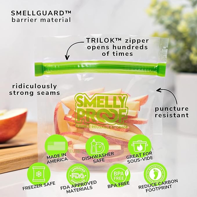 Smelly Proof 15 x Reusable Food Storage Bags, Reusable Freezer Bags, Reusable Snack Bags, Stand-Up Expandable “Stand & Fill”, Clear 3-Mil 6” x 4”, US Made, BPA FREE, NO PEVA, 15-pk