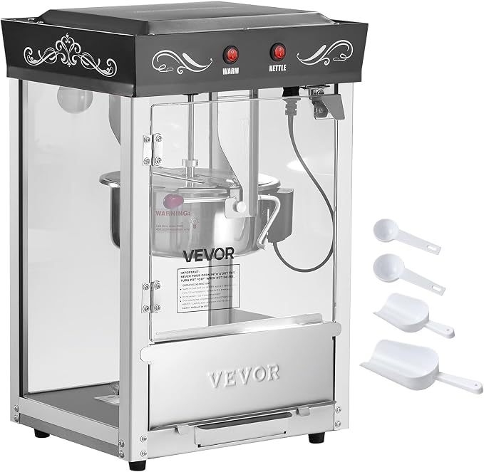 VEVOR Popcorn Machine, 8oz Stainless Steel Kettle, 800W Commercial Countertop Popcorn Maker, 48 Cups per Batch Theater Style Popper, with 2-Button Control Glass Wall PC Door 1 Scoop 3 Spoons, Black