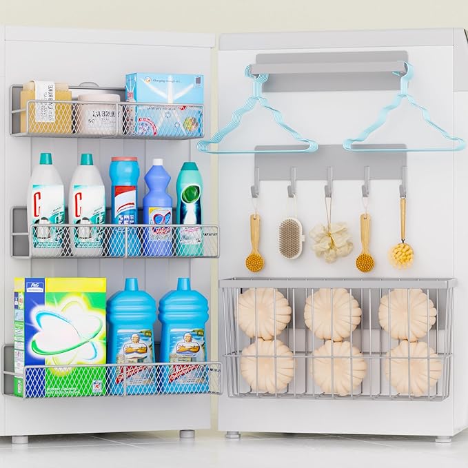 DTUQYX Laundry Organizer with Hanger 6-Pack, Magnetic Shelves for Washing Machine, Magnetic Refrigerator Shelves, Magnet Holder & Baskets, Metal Storage System for Laundry Room, Grey