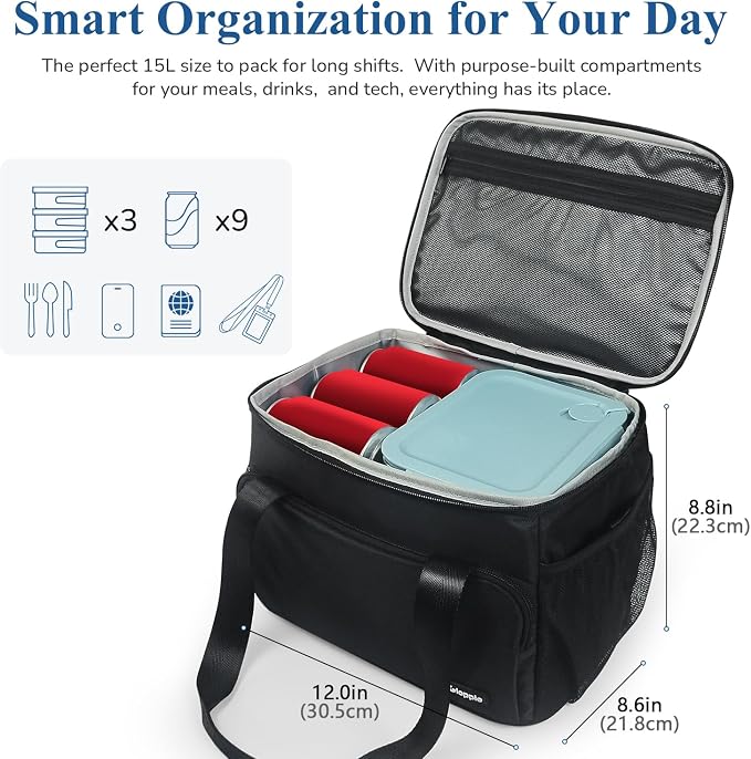 Gloppie Flight Crew Lunch Bag with Luggage Trolley Sleeve - Professional Insulated Cooler Bag for Flight Attendants & Pilots, Leakproof Lunch Box with Reinforced Structure for Travel & Work, Blue XL