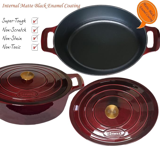 La Cuisine Enameled Cast Iron Oval Dutch Oven Casserole Dish Pot with Lid 6.75 QT Internal Matt Black Enamel Coating for bread baking, Gold-Plated Stainless Steel Lid Handle, Oven Safe up to 500° F. Cranberry