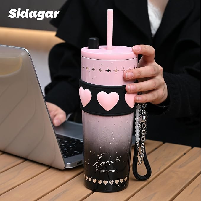 24 oz Stainless Steel Tumbler with Lid and Straw, Insulated Coffee Mug, Leak Proof, Portable Iced Travel Water Bottle, Reusable Thermal Coffee Cup Gift for Women, Pink