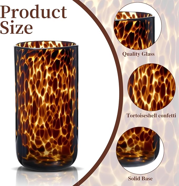 Honeydak Set of 4 Tortoise Leopard Print Brown 16 oz Rocks Glasses Stylish Stemless Cocktail Cups Glass Glassware Tumbler Ideal for Gin, Tequila, Vodka, Soft Drinks