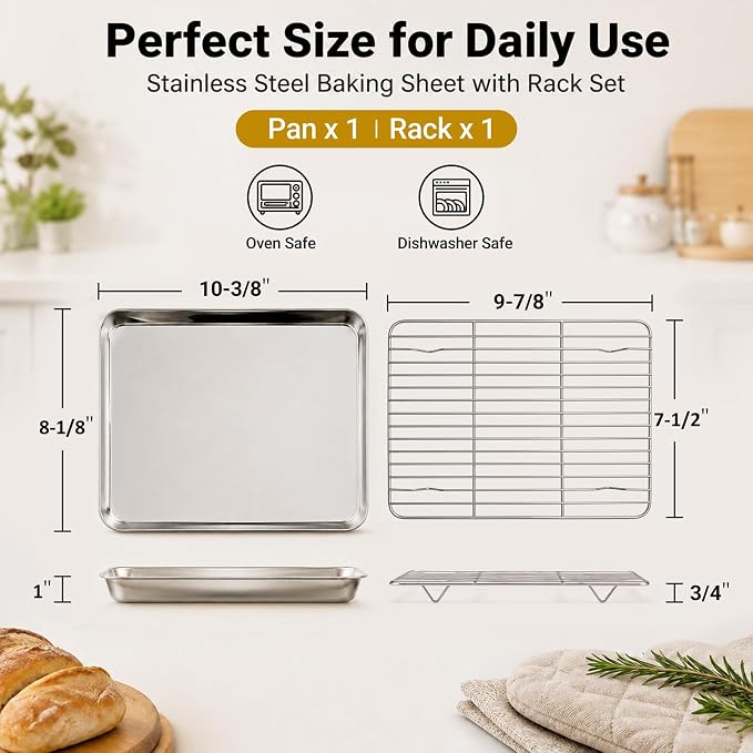 Onader Toaster Oven Tray and Rack Set, Stainless Steel Cookie Sheet Pan | 10⅜ x 8⅛ Inch Small Baking Pan, Includes Cooling Racks for Cooking and Baking Nonstick, 1 Pan + 1 Rack