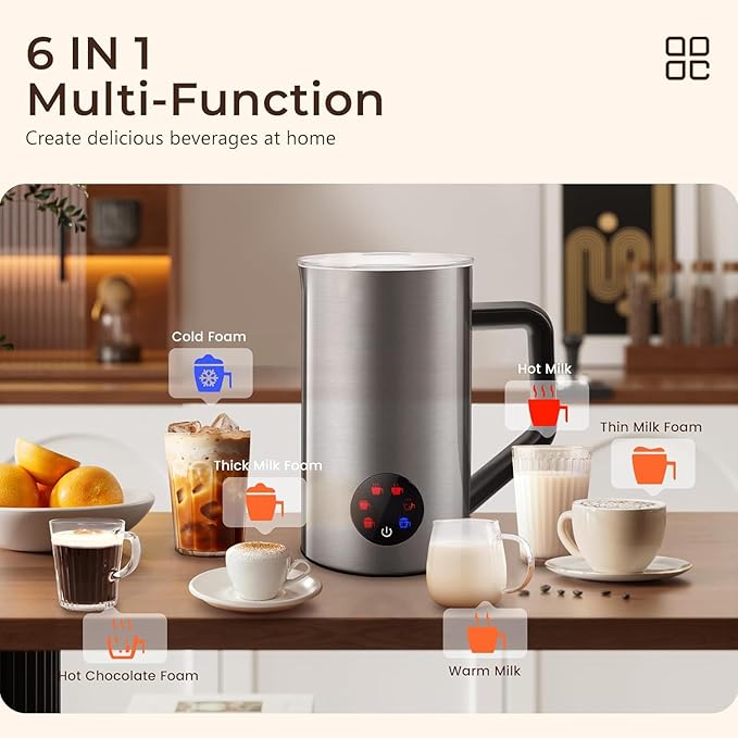 MAISON HUIS Milk Frother, 6-IN-1 Electric Milk Steamer, 20oz/591ml Hot & Cold Foam Maker for Latte & Cappuccino, 550W Fast Heating Stainless Steel Milk Steamer, Hot Chocolate Maker