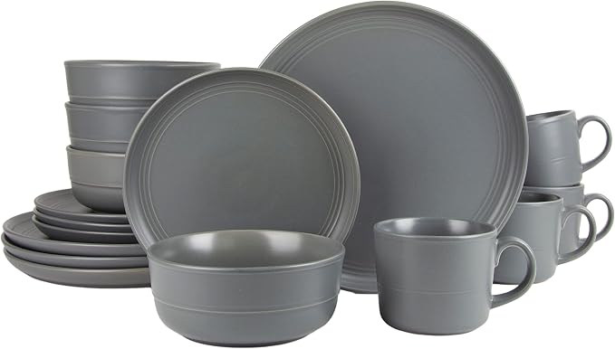 10 Strawberry Street Double Line 16 Piece Dinnerware Set, Matte Gray