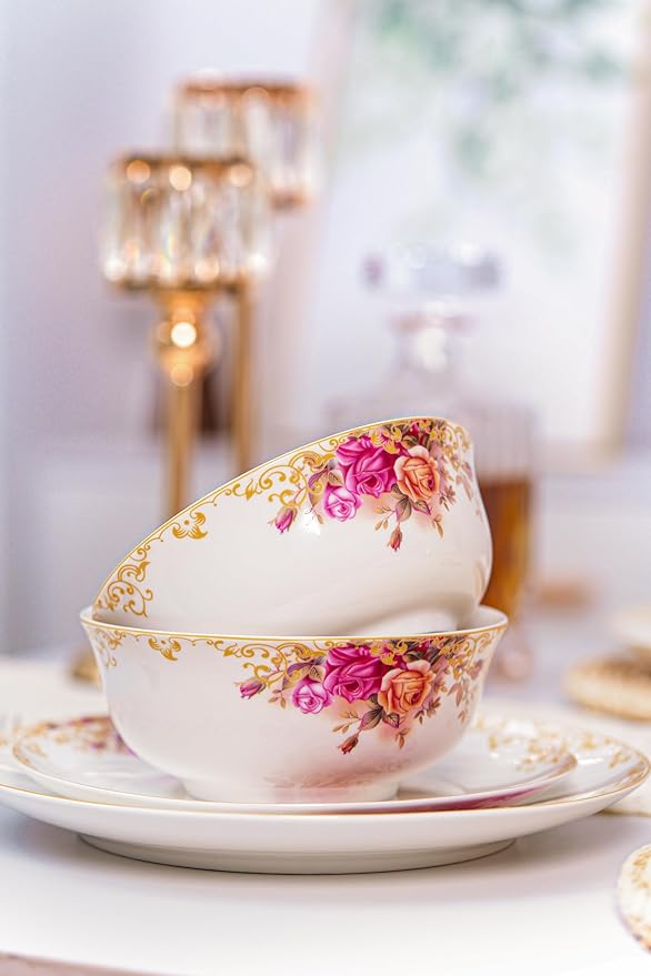 FHGNYSM Vintage Floral Dinnerware Set, 12-Piece Porcelain with Gold Rim | Rose Pattern Dish Set for Kitchen, Wedding and Housewarming Gift, Chip and Scratch Resistant, Microwave&Dishwasher Safe for 4