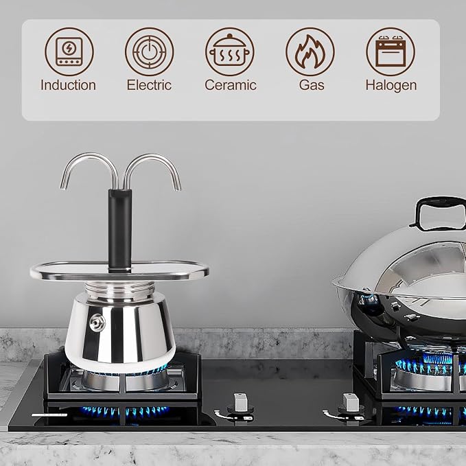 2 Cup Dual Pipe Moka Pot Stainless Steel Stovetop Espresso Maker Cafeteras Italian Percolator Espress Makers Capable Greca Mocha Coffee Machine for Induction Home 150ml 5.1oz