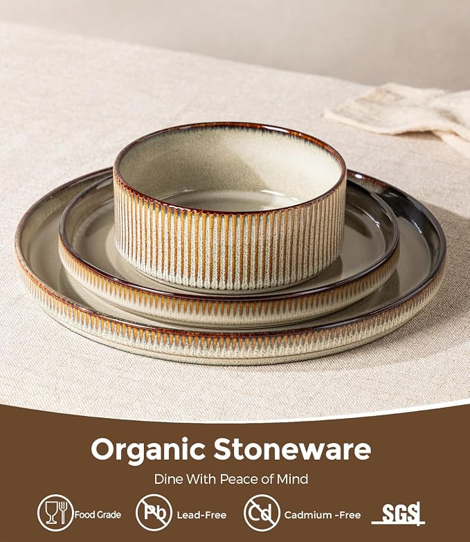GBHOME Stoneware Dinnerware Sets for 4,12 Pieces Lightweight Ceramic Ribbed Plates and Bowls Set,Reactive Glaze Stackable Plate Sets,Scratch Resistant Dishes,Microwave &Dishwasher Safe, Smokey Taupe