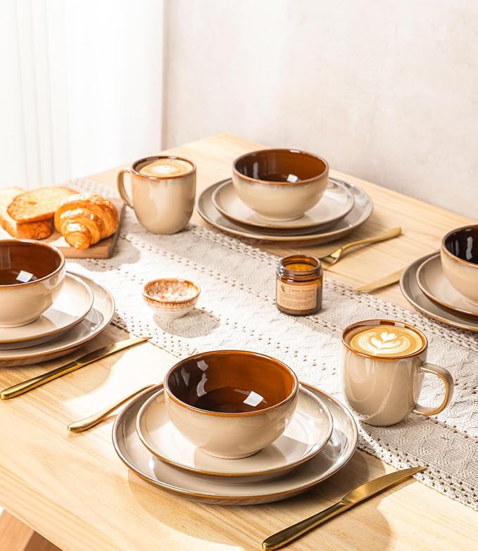LERATIO Ceramic Dinnerware Sets for 4, 12 Pieces Ceramic Plates and Bowls Sets, Scratch Resistant Dish Set, Oven, Microwave & Dishwasher Safe-Pale Kahki
