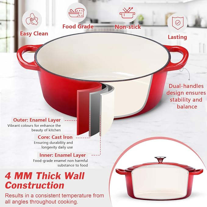 P&P CHEF Oval Dutch Oven with Lid, Enameled Cast Dutch Oven Pot for Bread Baking, Braising, Stewing, Roasting, Non-Stick & Oven Safe, Dual Handles & Easy Clean, 7QT & Red, Valentine's Day