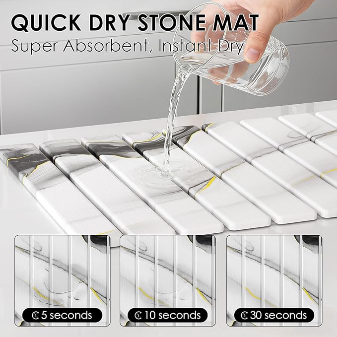4-Piece Large Stone Dish Drying Mat for Kitchen Counter, 24"x16" Super Absorbent Diatomaceous Earth Drying Mat Set with Faucet Mat & Small Utility Mat, Rollable Quick Dry Pad for Dishes, Cups, Bottles