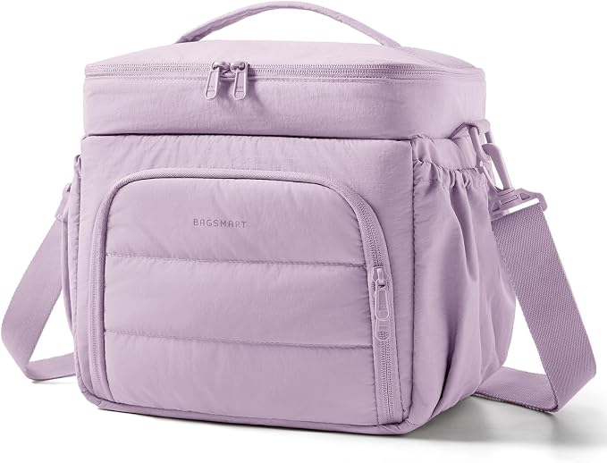 BAGSMART Puffy Insulated Lunch Bag, Lightweight Large 14L Double Deck Lunch Box for Women, Soft Cooler Tote for Office Work Travel Camping with Stretch Side Pockets Fits 40 oz Bottle, Lavender Purple