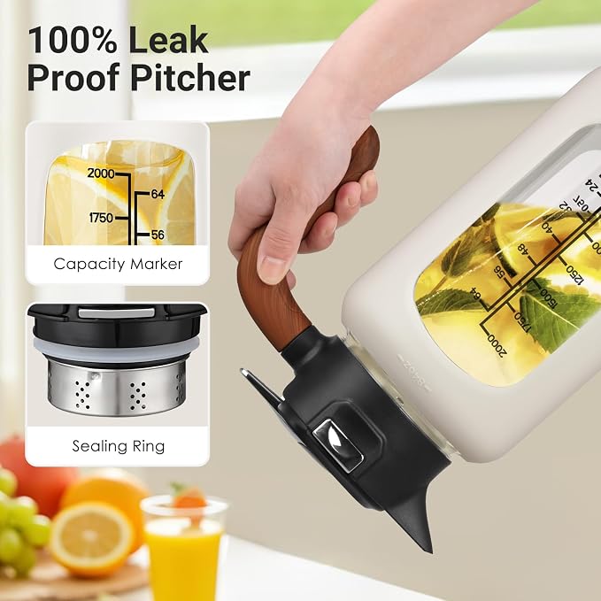 84oz Glass Pitcher with Lid and Handle Borosilicate Glass Water Jug/Carafe for Hot & Cold Beverages, 2.5Liter Large Pitcher with Silicone Sleeve & Wide Mouth, Fridge Safe for Iced Tea, Coffee, Juice