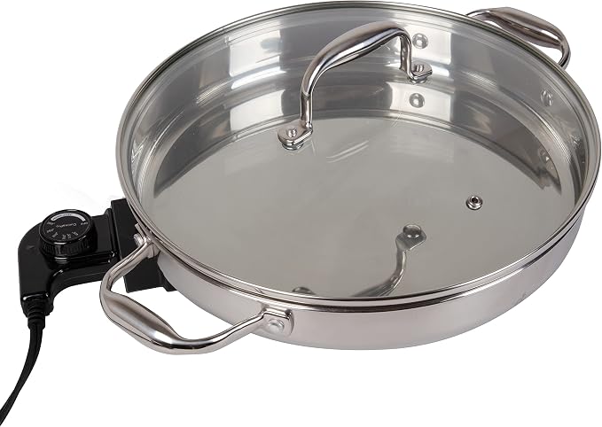 CucinaPro Electric Skillet, 18/10 Stainless Steel Pan, Tempered Glass Lid | Frying Pan with Top and Handles, 12" Round, Adjustable Temperature Control Knob, Portable with Recipes, Large Family Meals