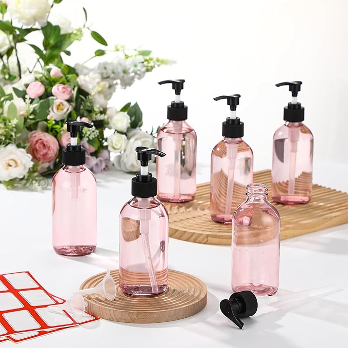 Tanlade 24 Pcs 8 oz Glass Pump Bottle Empty Bottle Glass Soap Dispenser with Pump Refillable Containers and Labels Funnels for Essential Oils Cleaning Products Lotions Conditioner(Pink)