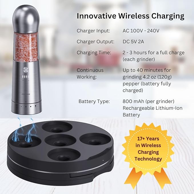 COSPRO Electric Salt & Pepper Grinder Set of 5 | Wireless Charging | Rechargeable | Stainless Steel | One-Hand Use | Adjustable Coarseness | Easy Clean | Himalayan Salt & Spices