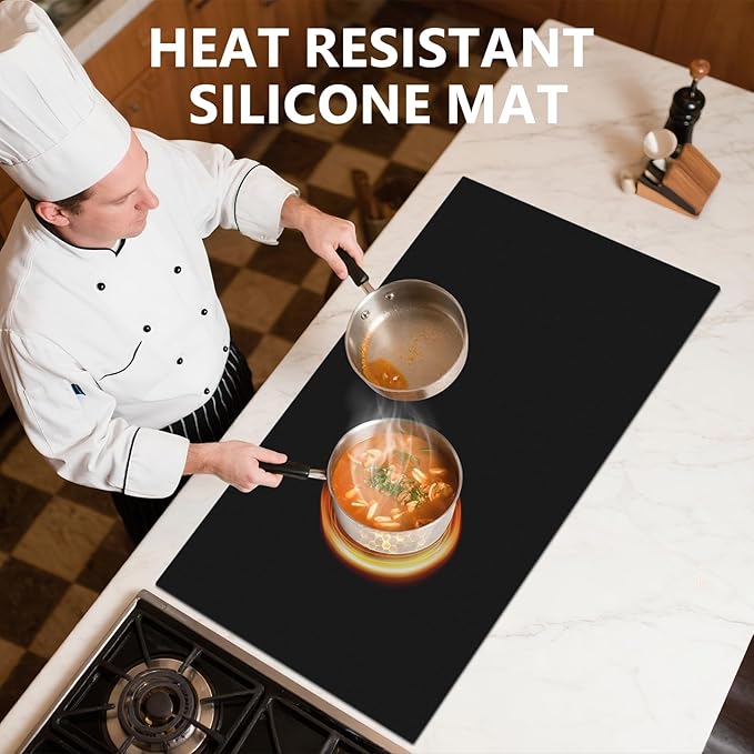 48" x 24" Heat Resistant Mat for Countertop Lanstics Silicone Baking Mat Non-Slip Silicone Mats Multipurpose Countertop Protector Mats Fire Resistant Mat Place Mat for Kitchen Counter (Black)