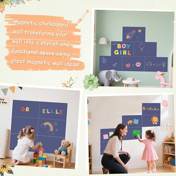 Magnetic Chalkboard Wall Decal Set of 6 Peel and Stick Magnet Sheets with Chalk Tangram Puzzle and Multiple Accessories Dusty Blue Magnetic Chalk Boardfor Home Playroom and Classroom