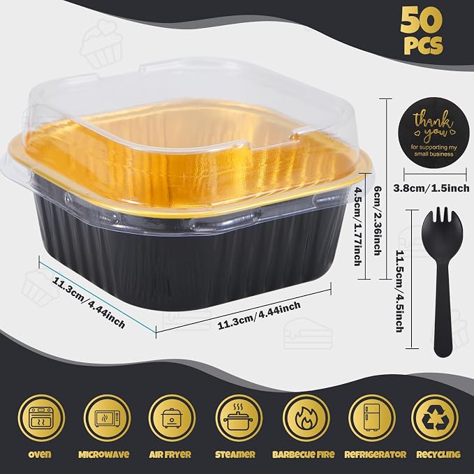 50 Pack 10oz Mini Cake Pans With Lids, Aluminum Foil Square Brownie Baking Cups,Disposable 4”x4” Large Cupcake Pan,Jumbo Muffin Tin Ramekins Holders-Black in Gold