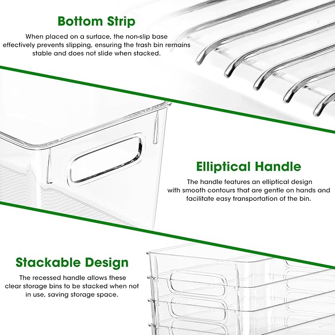 8 Pack Clear Plastic Storage Bins with Handles, 4 Large & 4 Small Stackable Organizer Bins for Fridge, Pantry, Kitchen, Non-Slip Bottom Transparent Storage Containers