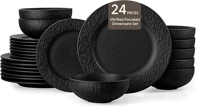 KINGSTONE Dinnerware Sets, 24-Piece Premium Porcelain dishes set, Matte Marble Pattern Plates and Bowls Sets for 8, Place Setting with Dinner Plate, Salad Plate, Pasta Bowl (Black)