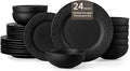 KINGSTONE Dinnerware Sets, 24-Piece Premium Porcelain dishes set, Matte Marble Pattern Plates and Bowls Sets for 8, Place Setting with Dinner Plate, Salad Plate, Pasta Bowl (Black)