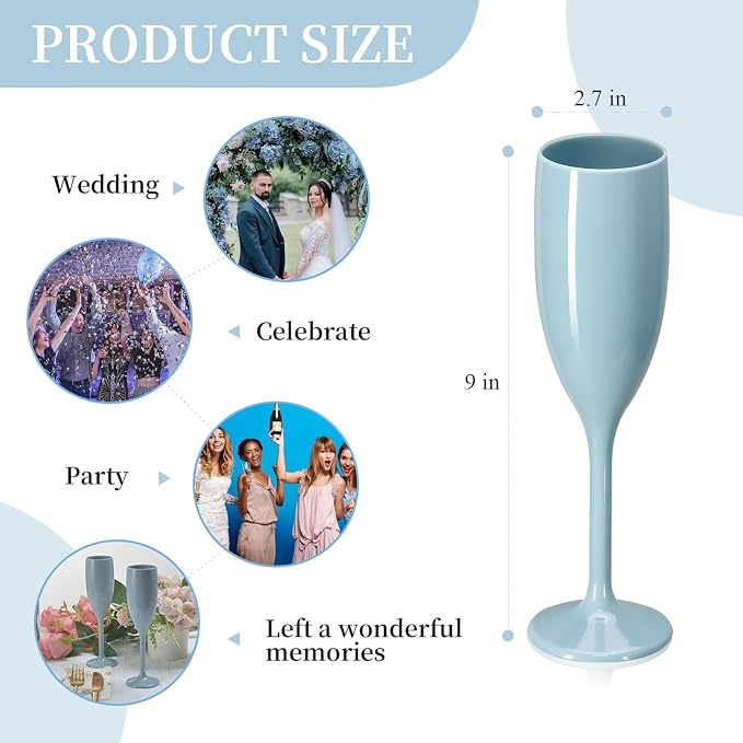 XUWAIDSGN Acrylic Champagne Flutes Toasting Glasses Unbreakable Mimosa Bar Reusable Wine Glasses Vintage Champagne Flutes Stemmed Drinking Cups 5.4 OZ for Christmas Birthday (24, Blue)
