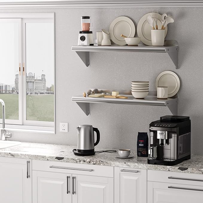NSF Certified 12" x 24" Stainless Steel Wall Mount Shelf with Backsplash, Commercial Grade, 180 lb Capacity for Restaurant and Kitchens.