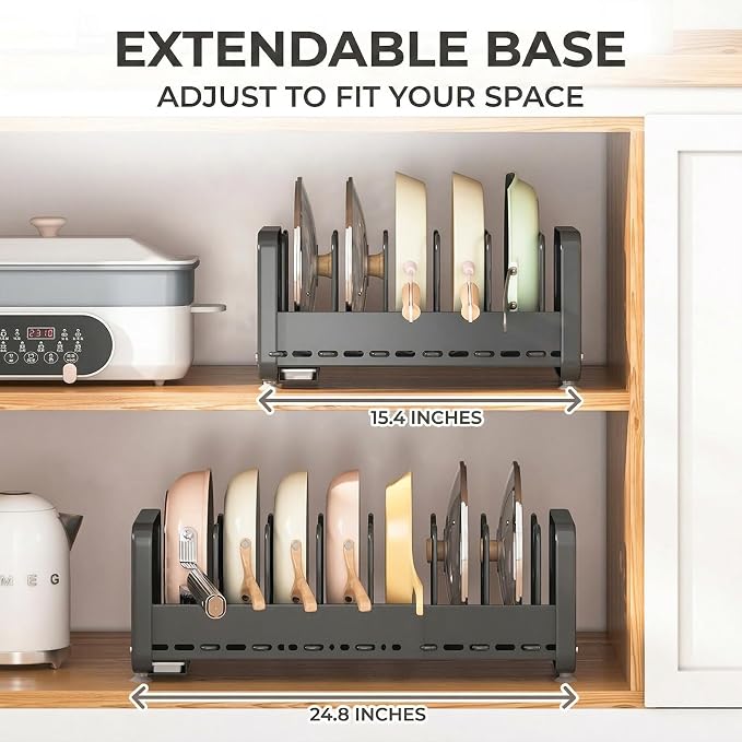 Pots and Pans Organizer Under Cabinet, Expandable 15.4"-24.8" Adjustable Pot and Pan Rack, Heavy Duty Pot Lid Organizer with Removable Drip Tray for Kitchen Cabinets, Countertops