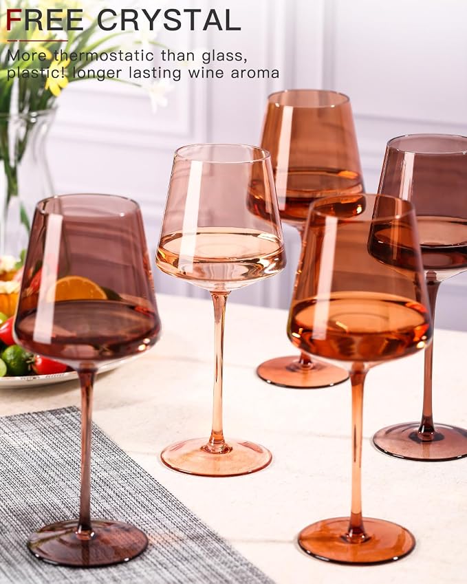 Brown Wine Glasses Set of 6-18oz【Original Hand Blown】 Colored Wine Glasses with Tall Long Stems and Flat Bottom, Amber Colored Glassware-Unique Gifts for Wine Lovers-Wedding Gifts