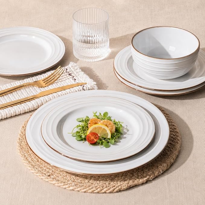 GBHOME Ceramic Dinnerware Sets,12 pcs Embossed Elegant Stoneware Plates and Bowls Sets, Housewarming Wedding Gift | Dishwasher & Microwave Safe | Dishes Set Service for 4